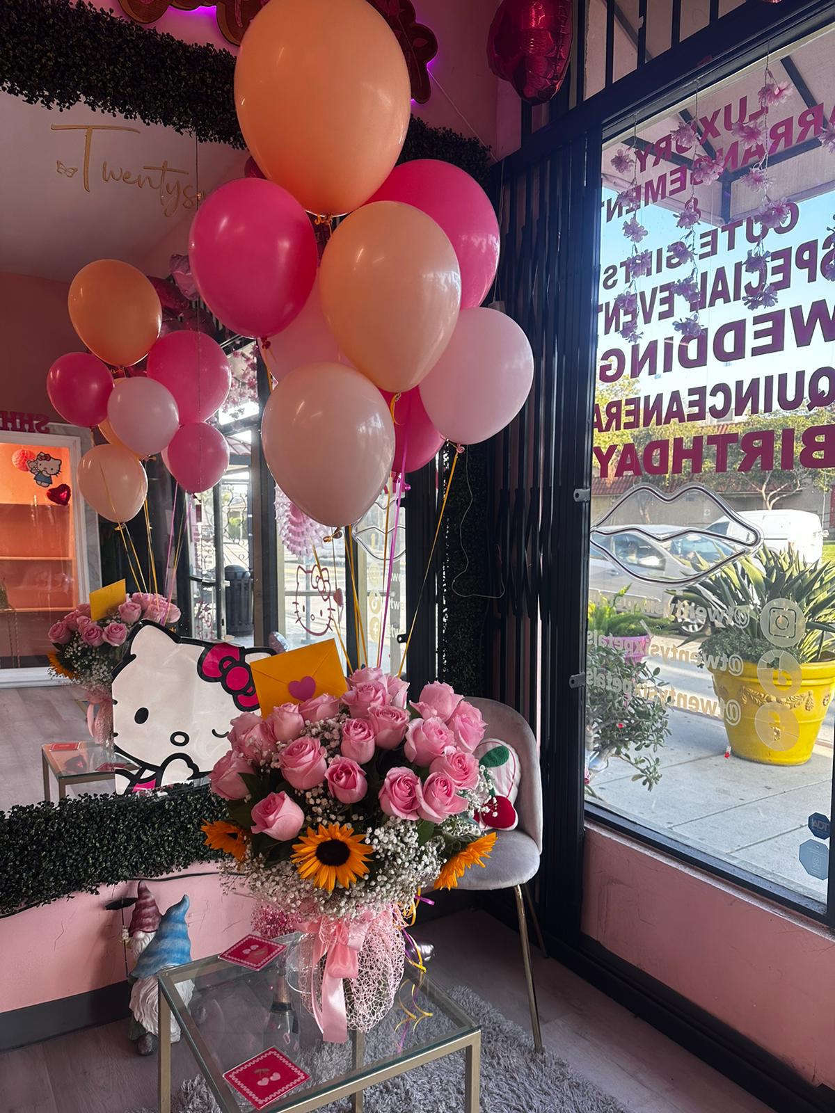 A Gift of Celebration – Roses, Sunflowers, and Balloons