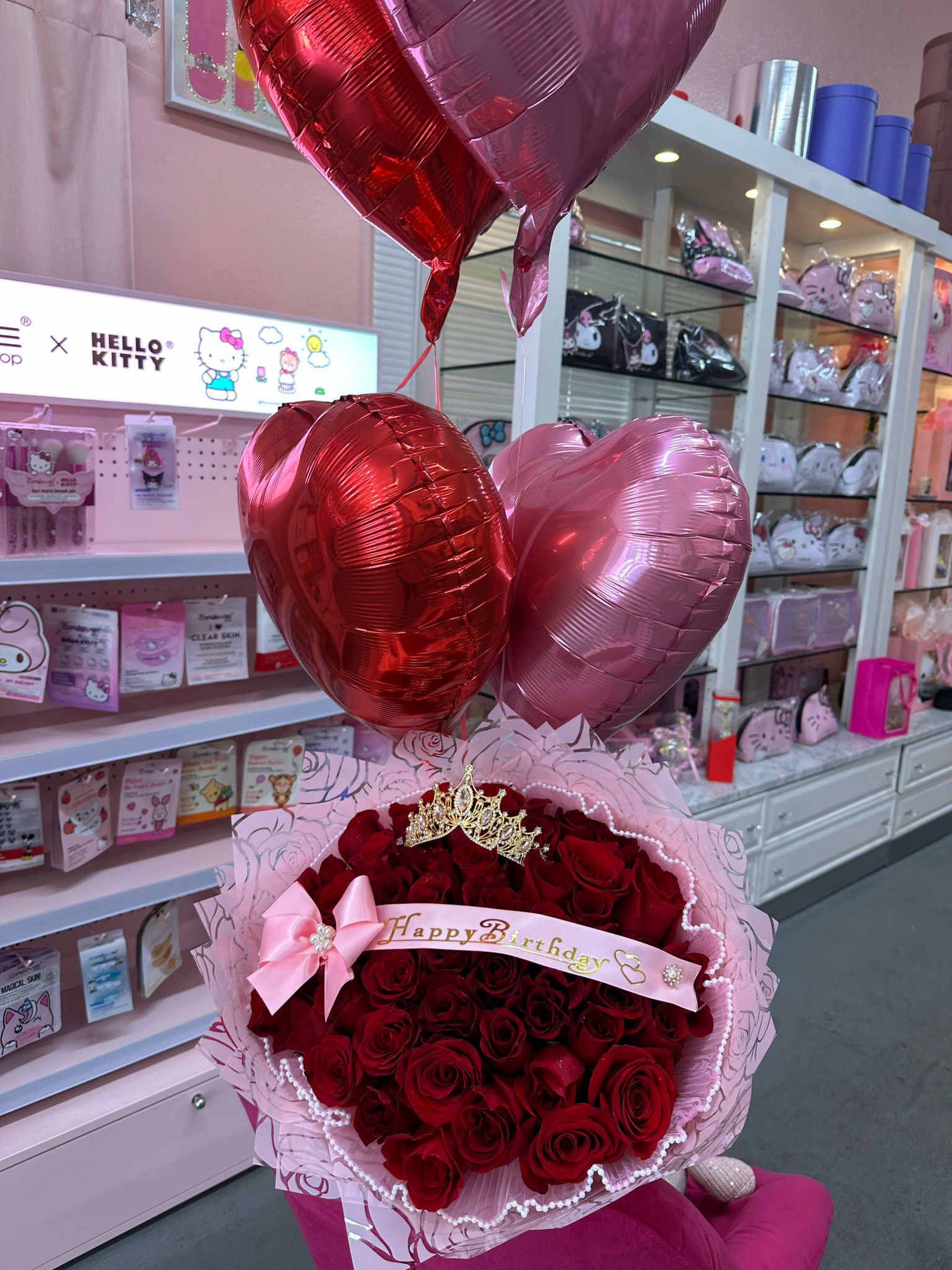 50 Roses with Balloons & Tiara